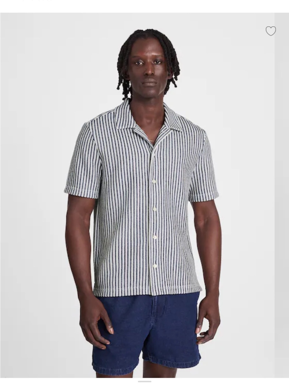 Striped Short-Sleeve Button-Up Shirt - White & olive size L